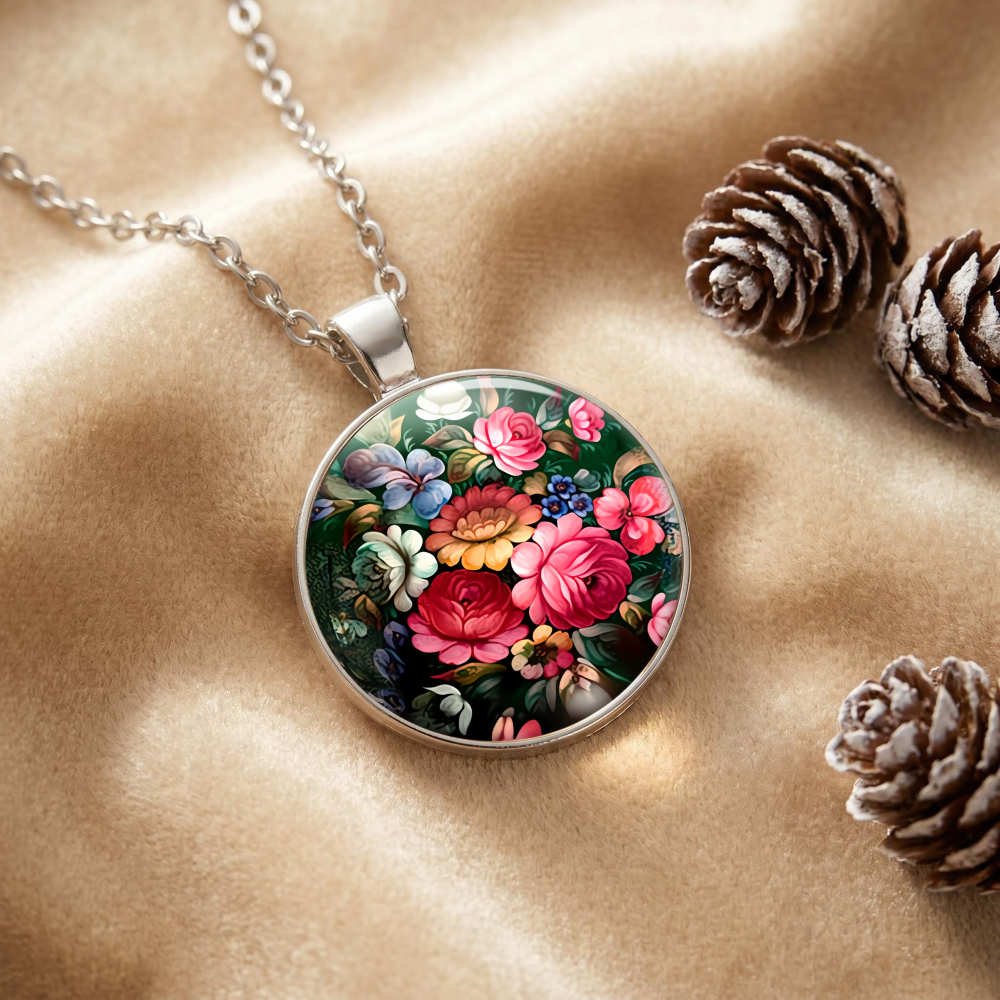 Colorful Floral Pattern Pendant, Unisex Round Glass Necklace